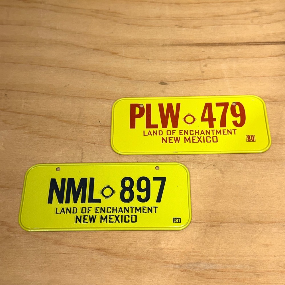 New Mexico Novelty Bike License Plates 1980s VTG Yellow Land of Enchantment 2pc